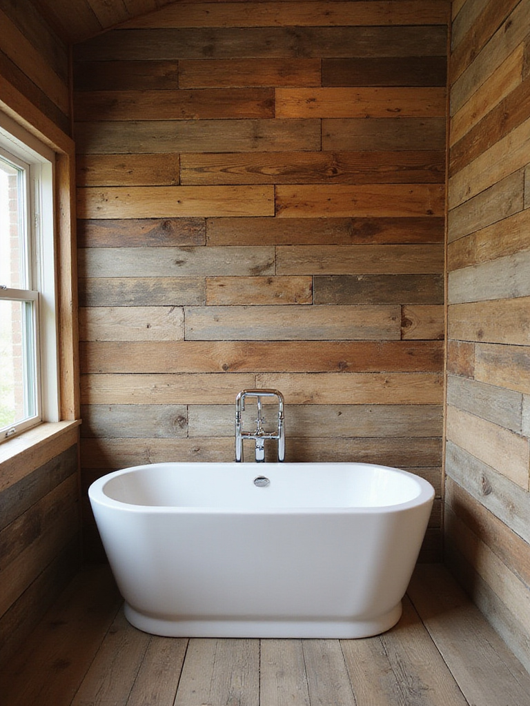 Rustic bathroom with reclaimed wood wall paneling behind a freestanding bathtub.