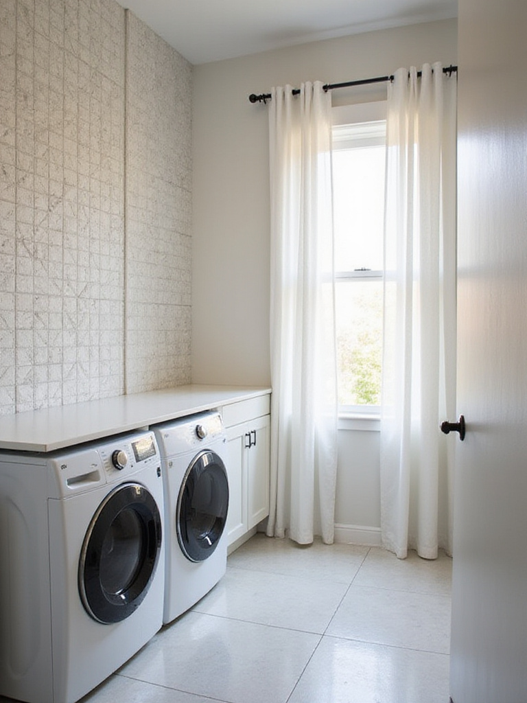 Laundry room featuring soundproofing elements like acoustic panels, soundproof curtains, and rubber isolation pads under the washer and dryer.