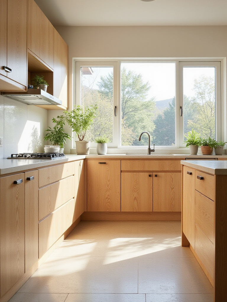Bright modern kitchen featuring organic wood cabinets and natural lighting.