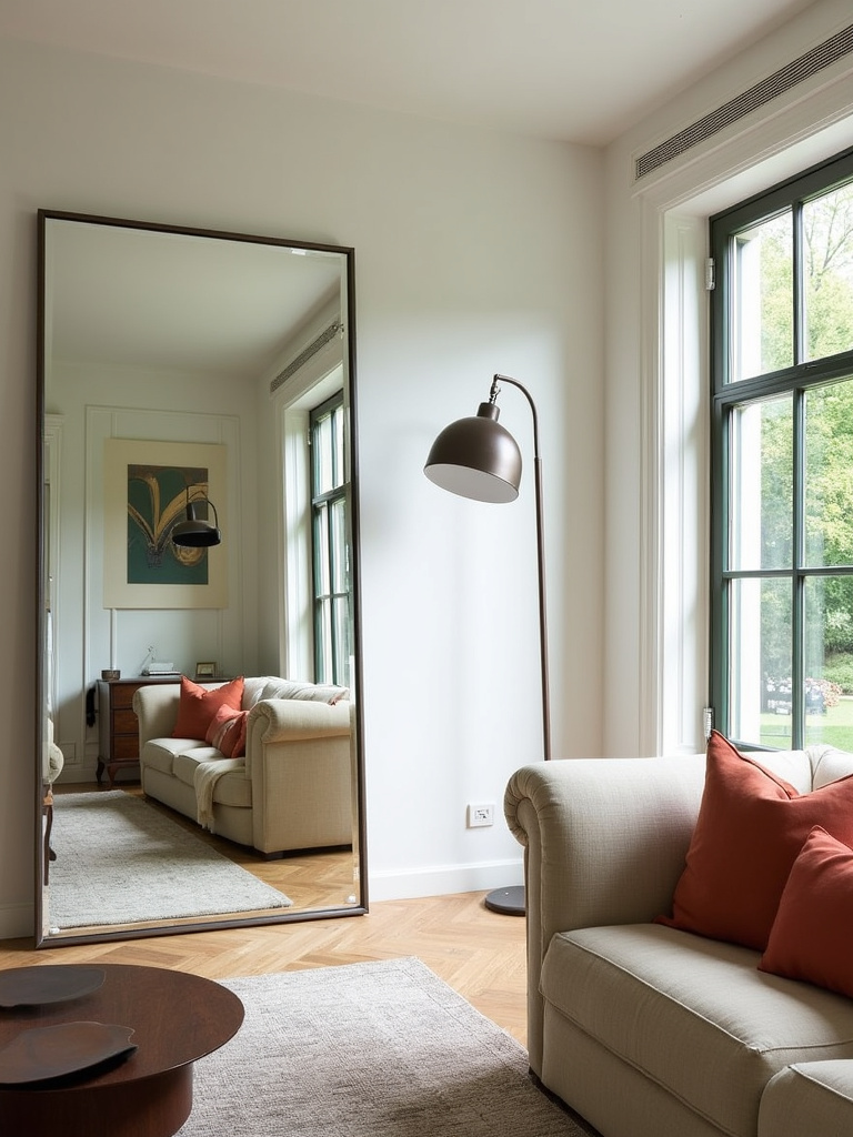 Living room with a large mirror reflecting natural light and making the space feel brighter and more open.