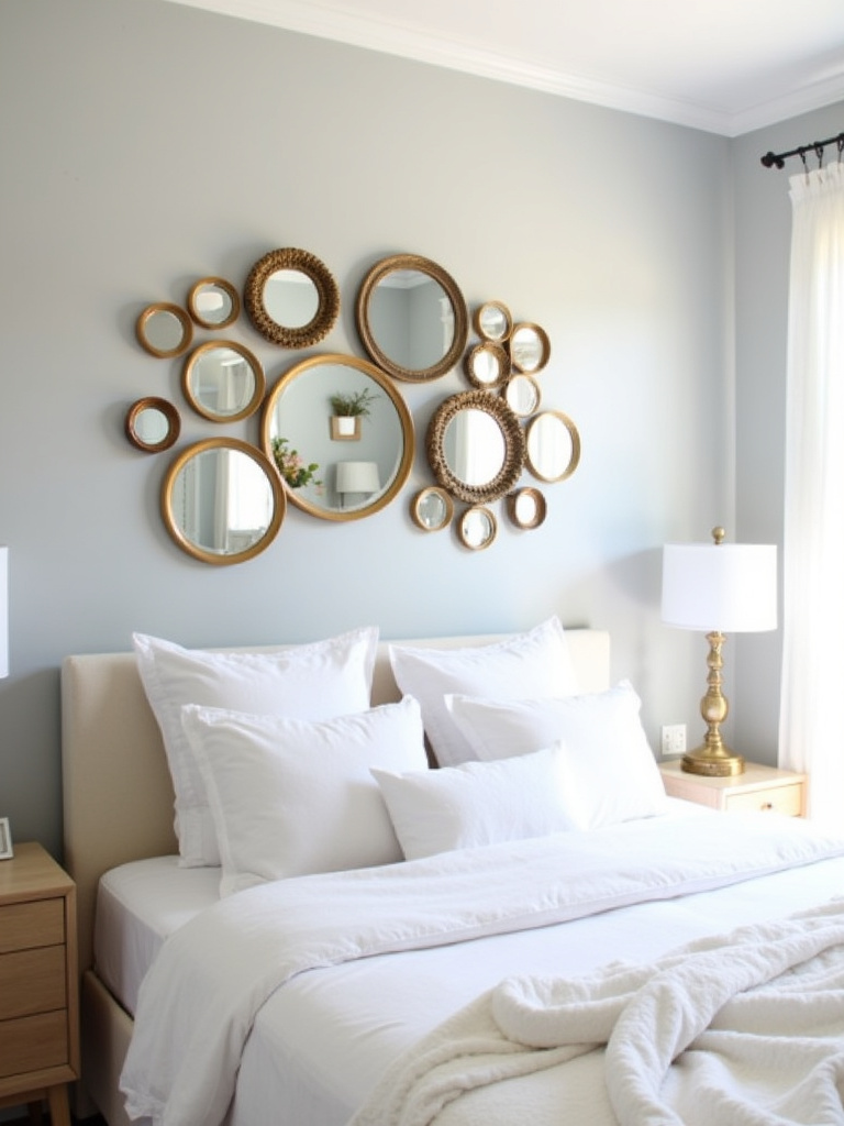 Bedroom wall decor featuring a stylish arrangement of decorative mirrors