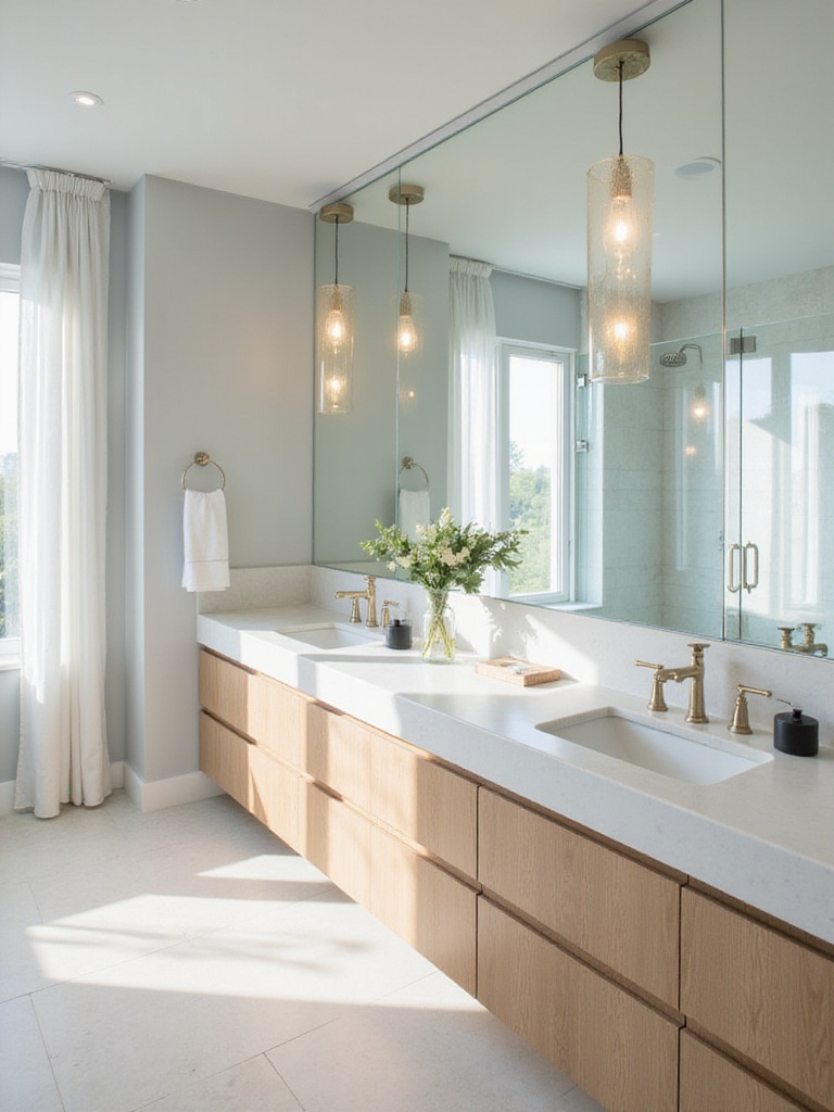 Modern bathroom with large frameless mirror above double vanity