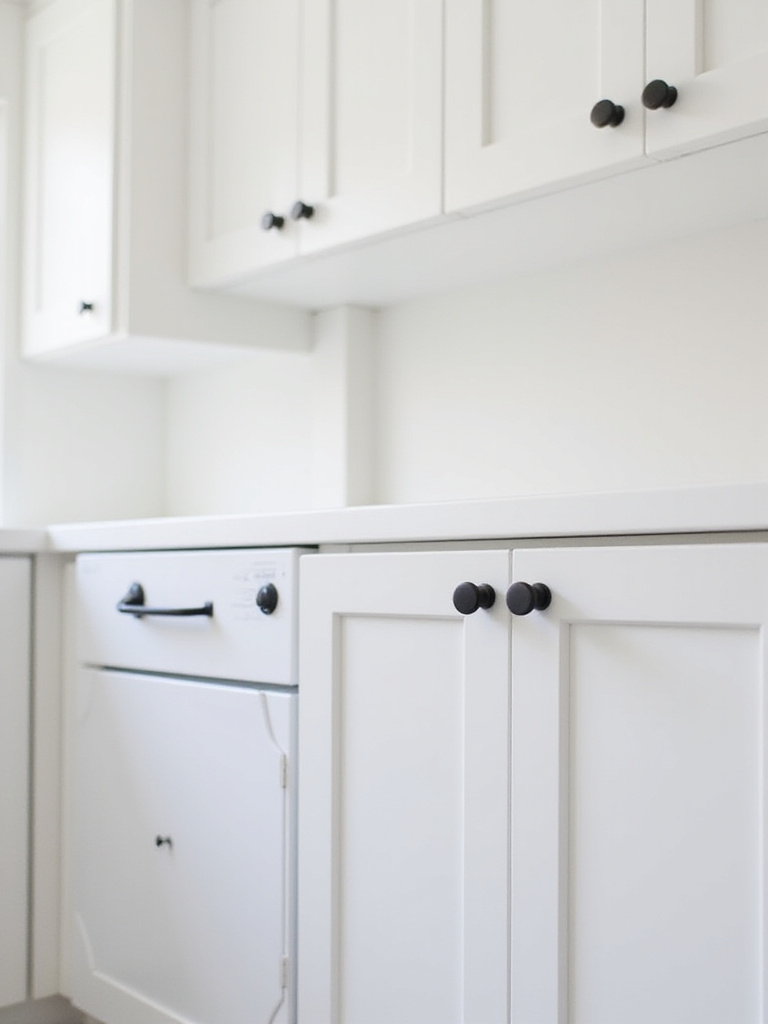 Modern laundry room cabinets with new matte black hardware.