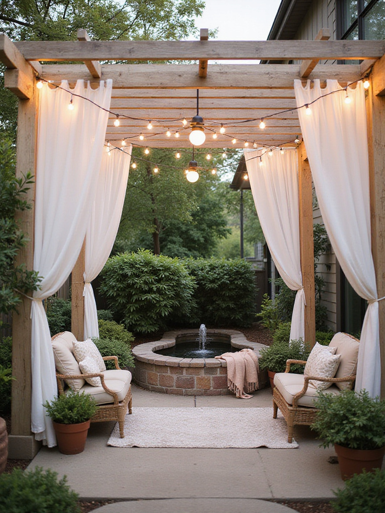Tranquil patio pergola retreat with comfortable seating and soft lighting.