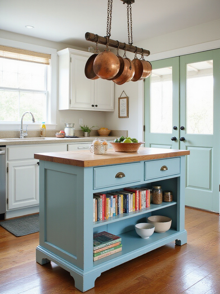 Repurposed antique dresser used as a kitchen island with butcher block top and open shelving.