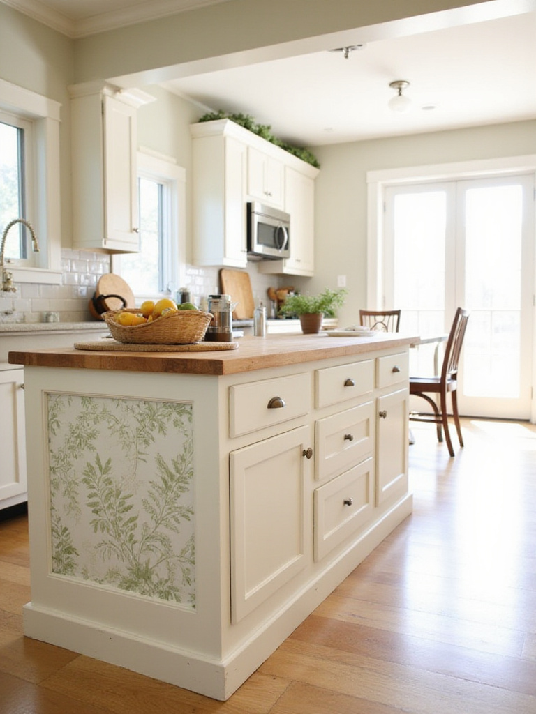 Kitchen island with botanical print wallpaper accent
