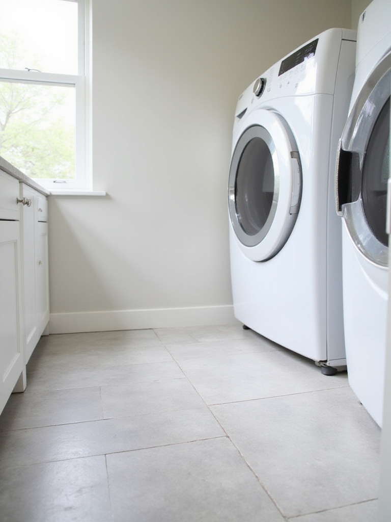 Bright and airy laundry room with herringbone pattern tile floor.