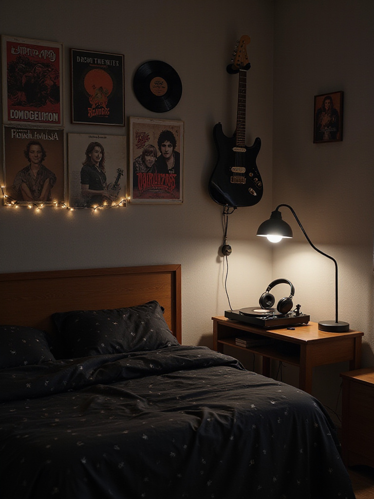 Music-themed bedroom with vinyl record gallery wall and guitar.
