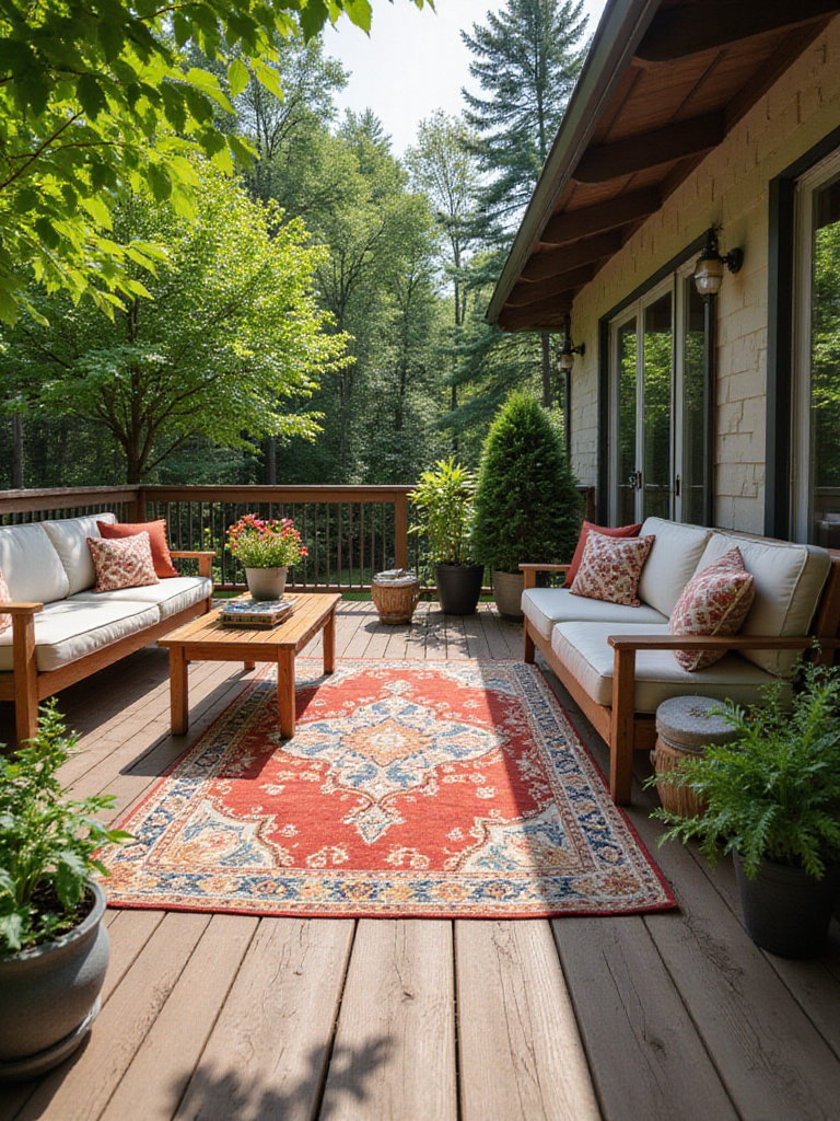 Stylish outdoor deck featuring a colorful patterned rug, comfortable seating, and lush greenery.