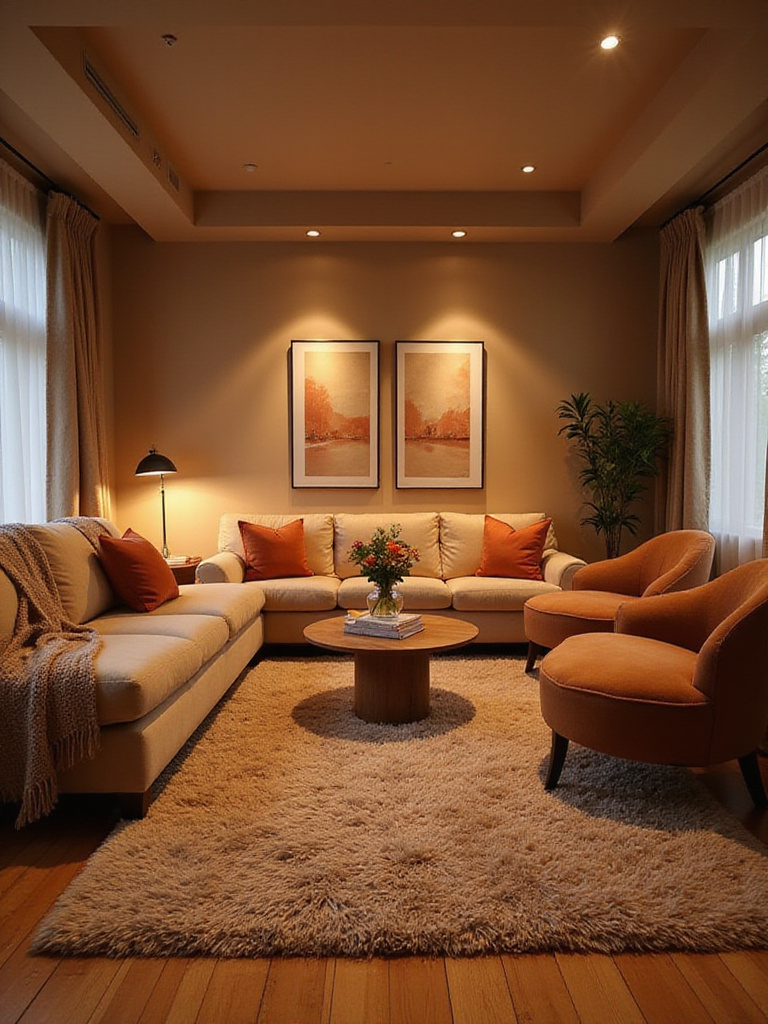 Cozy living room with a plush wool rug, comfortable seating, and warm lighting.