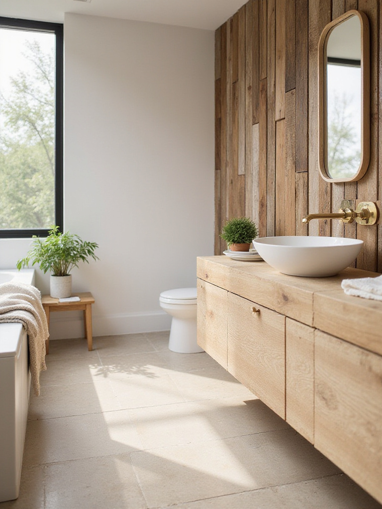 Bathroom featuring rustic wood vanity and reclaimed wood wall.
