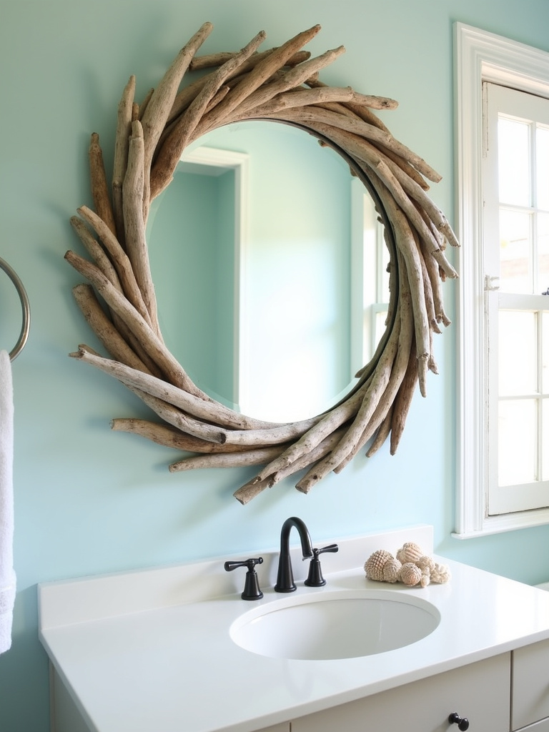 Driftwood Framed Mirror in Coastal Bathroom
