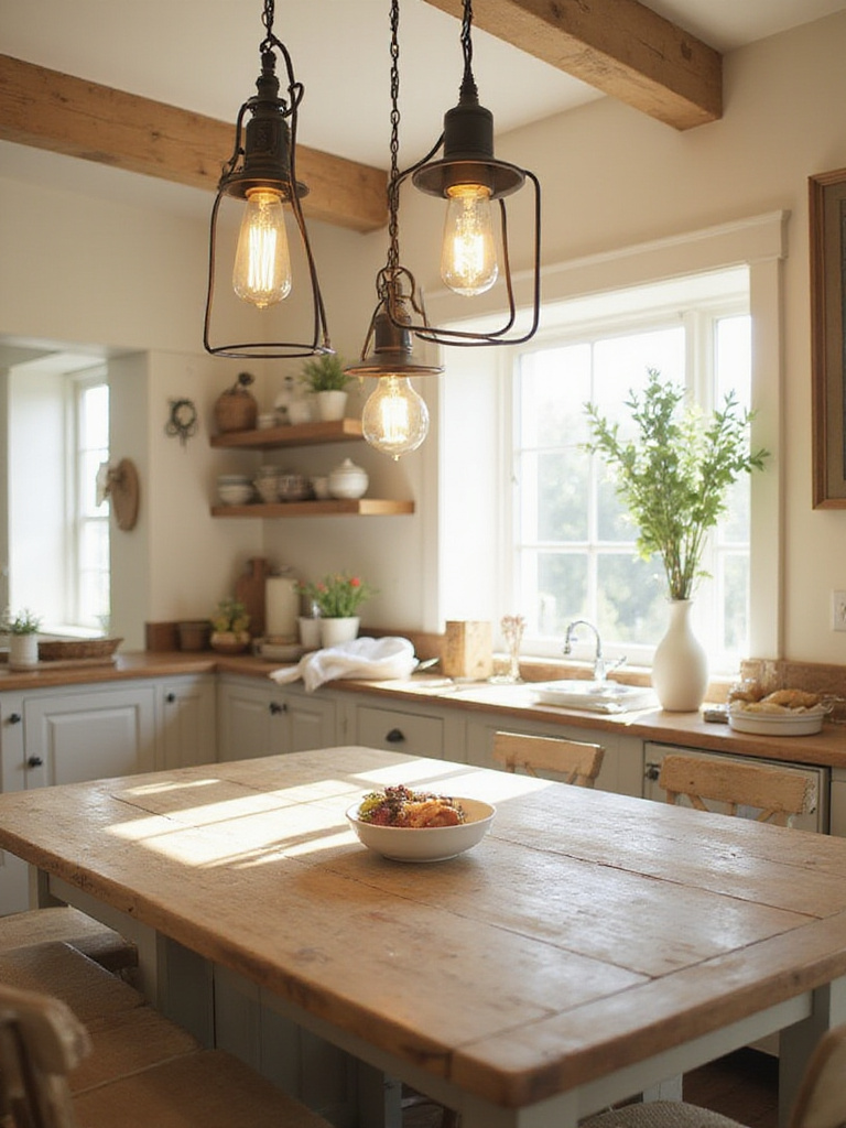 Rustic farmhouse pendant lights hanging above a wooden kitchen table.