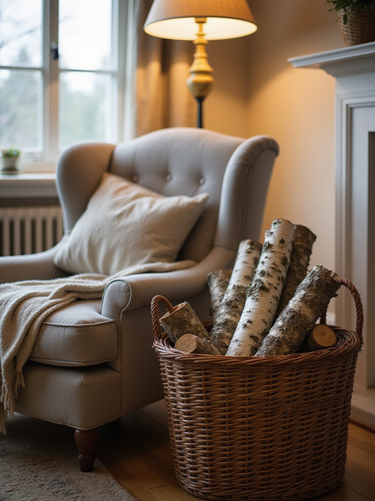 Rustic living room decor with firewood basket and birch logs
