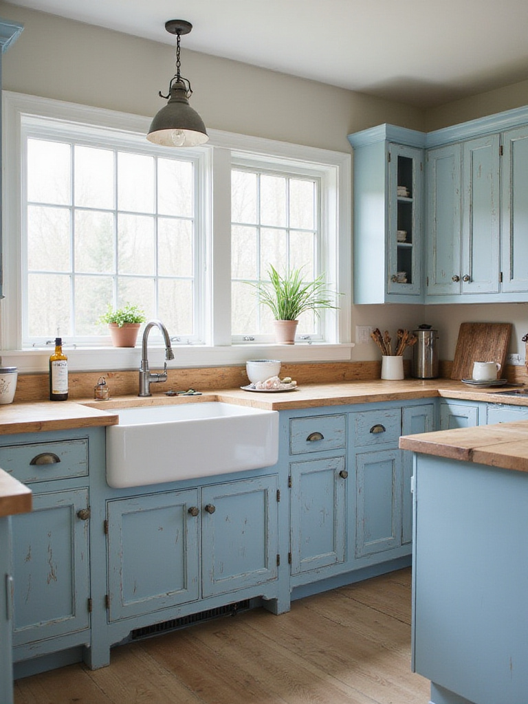 Rustic kitchen with distressed blue cabinets and farmhouse sink.