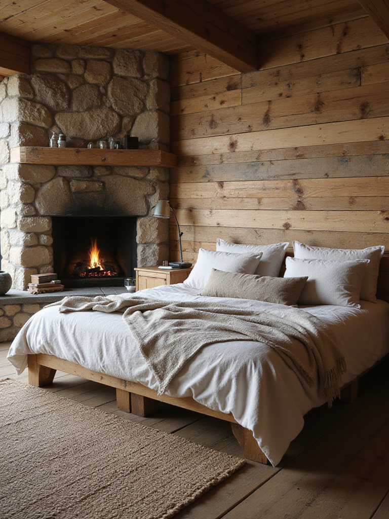 Rustic bedroom interior with wooden headboard, linen bedding, and stone fireplace.