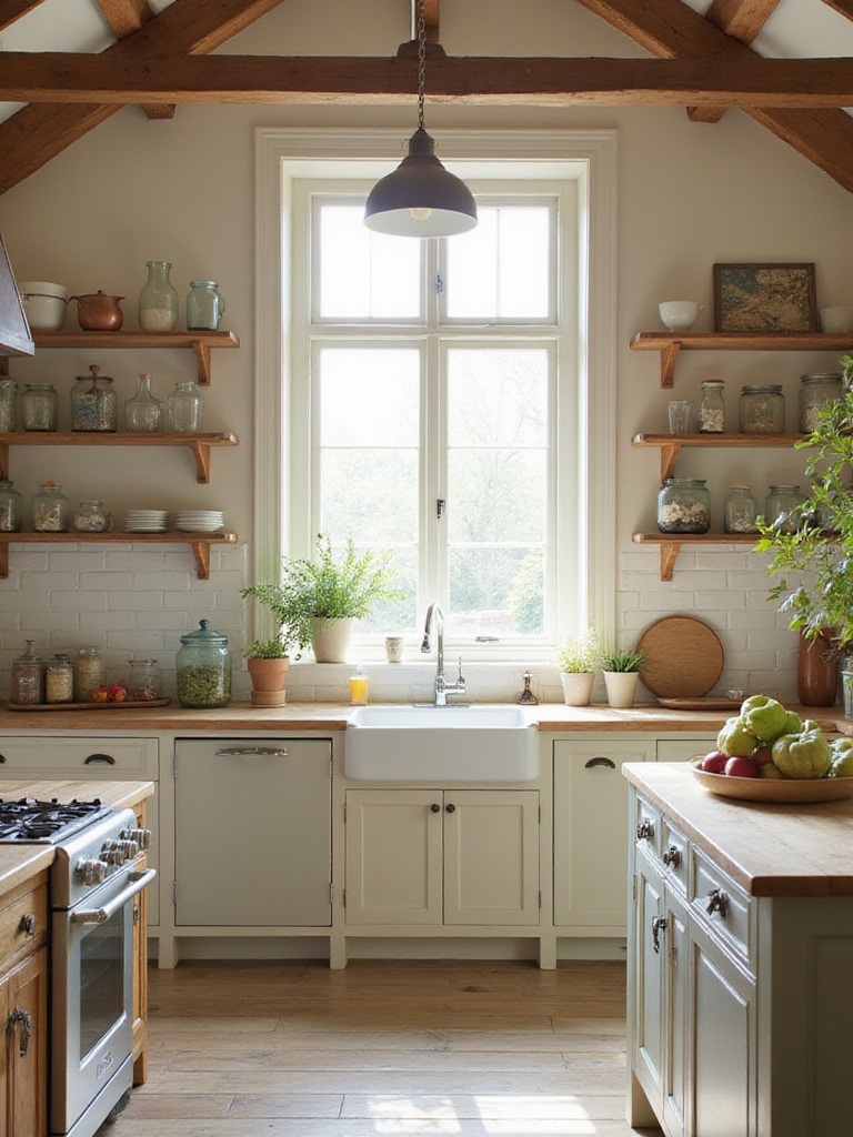 Rustic country kitchen with farmhouse sink, butcher block island, and open shelving.
