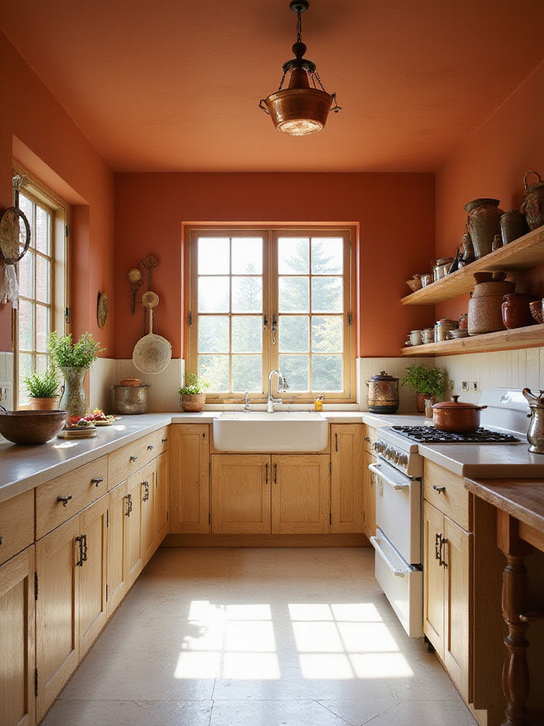 Rustic kitchen with terracotta walls, light wood cabinets, and copper accents.