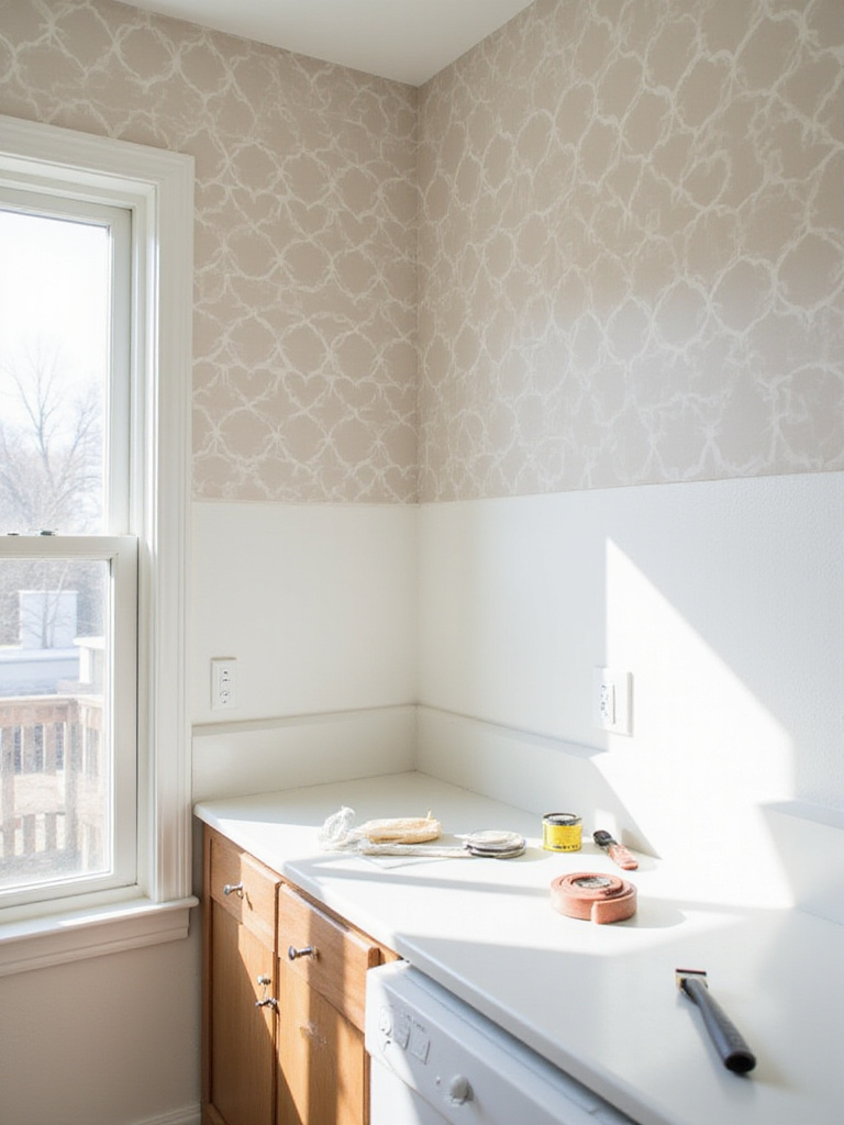 Kitchen with partially wallpapered walls showing DIY wallpaper installation in progress