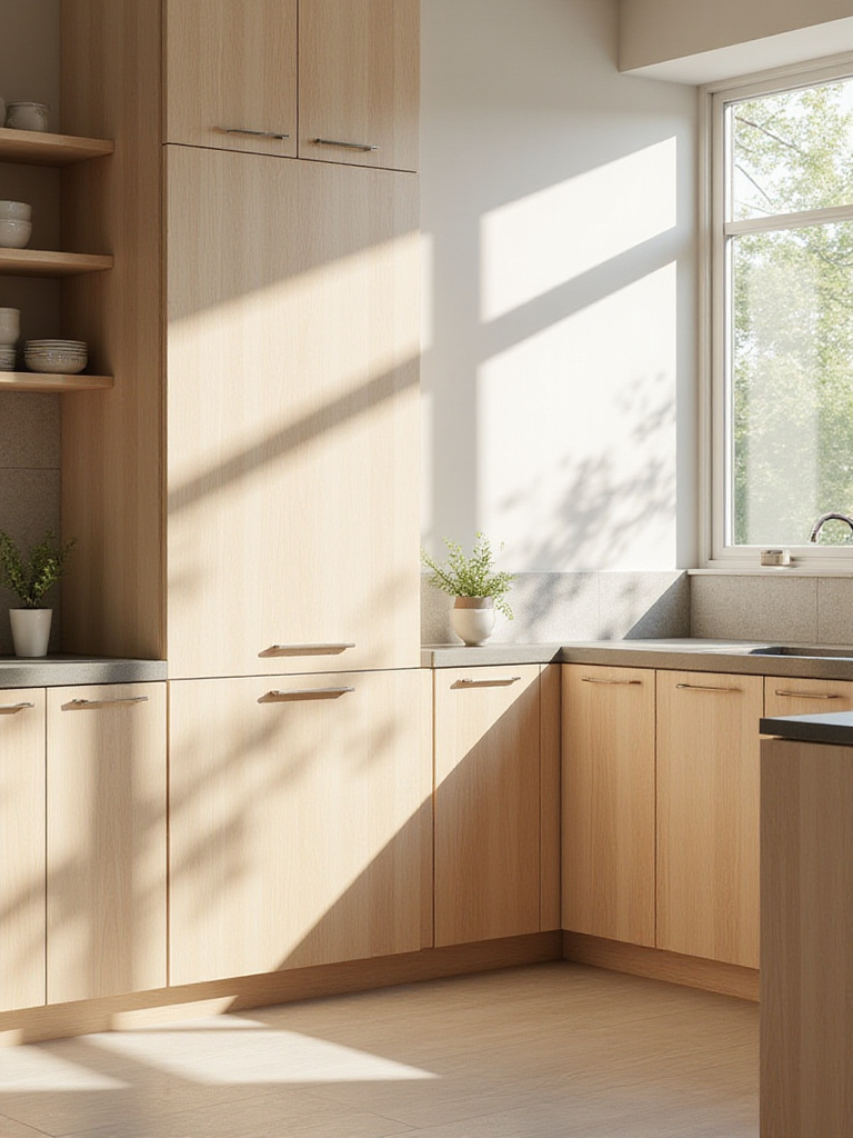 Organic kitchen cabinets with non-toxic finish showcasing natural wood grain in a bright, modern kitchen