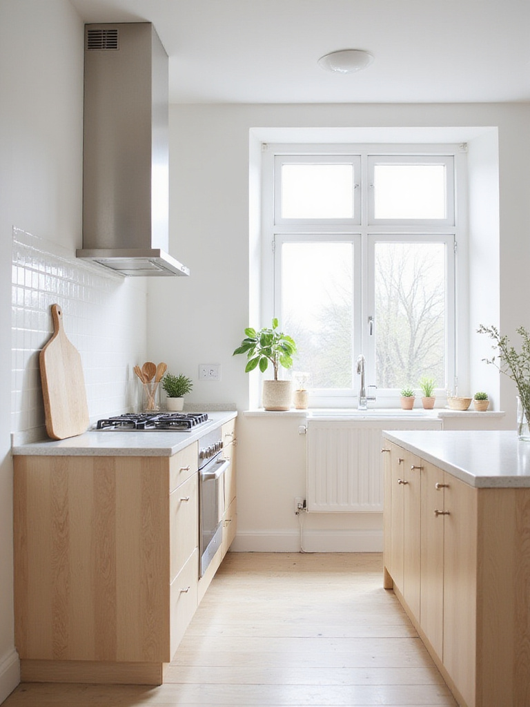 Scandinavian kitchen design featuring white walls, light wood cabinets, and minimalist decor.