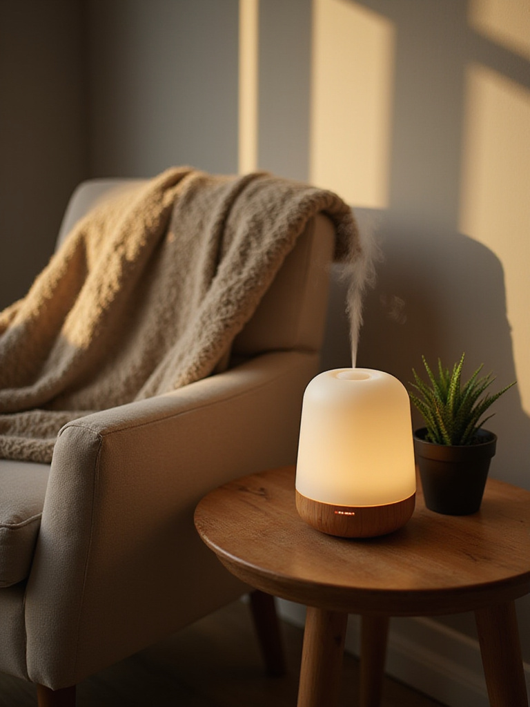 Cozy living room corner with essential oil diffuser creating a relaxing atmosphere.