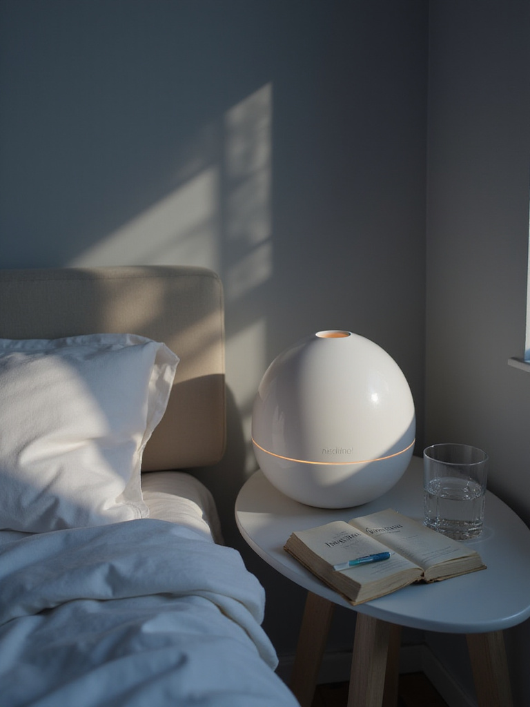 Calming bedroom with aromatherapy diffuser on bedside table