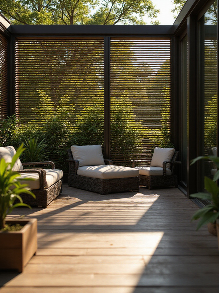 Decorative wooden deck screen providing privacy and shade.