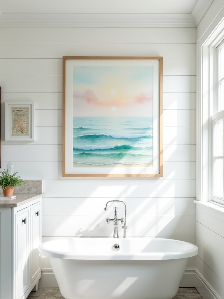 Coastal bathroom with sea-inspired art, including a watercolor ocean painting and a nautical chart print.