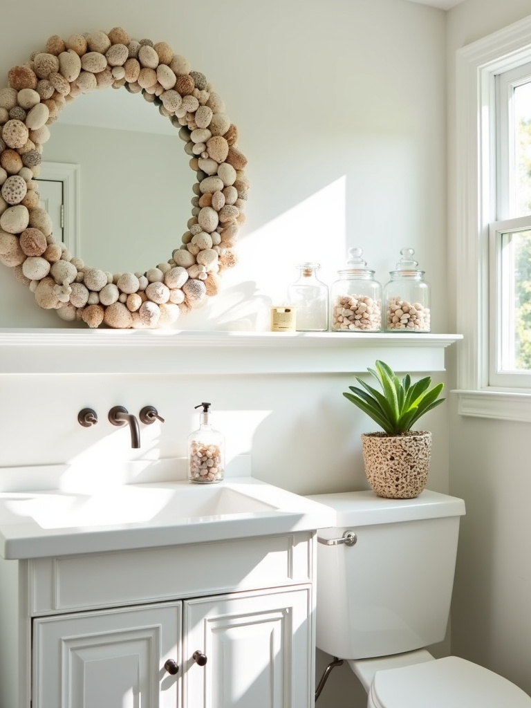 Coastal bathroom design with seashell mirror and pebble accents