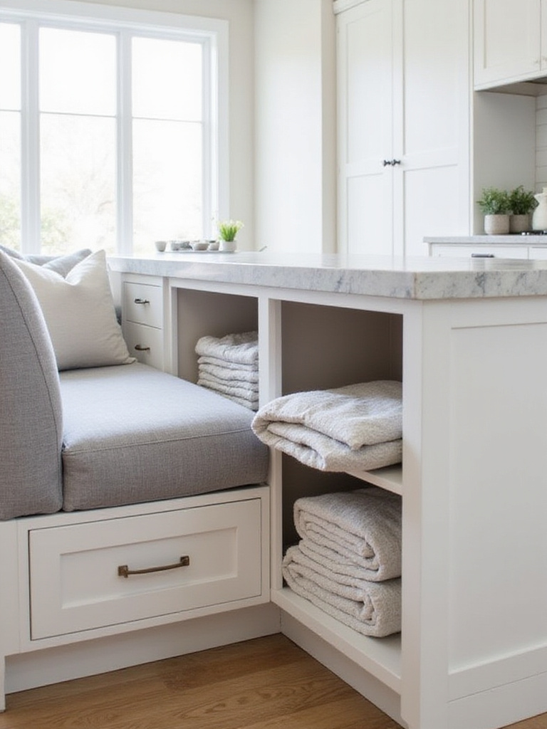 Kitchen island with banquette seating and hidden storage filled with linens.