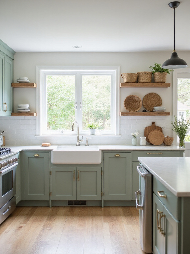 Sage green kitchen cabinets in a modern farmhouse kitchen