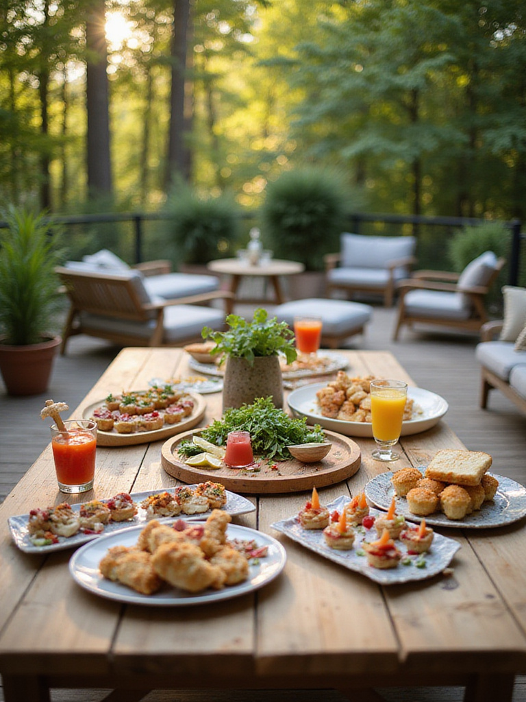 Elegant serving trays and platters on a decorated outdoor deck table with appetizers and drinks.