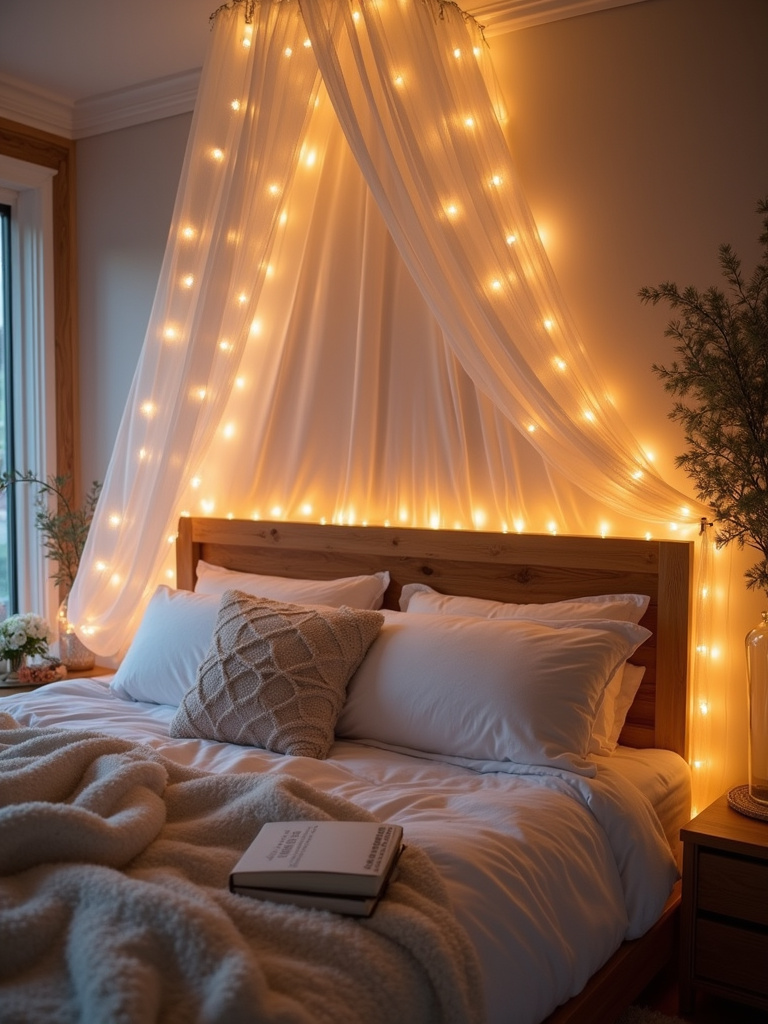 Cozy bedroom with string lights draped across headboard and canopy creating a dreamy atmosphere