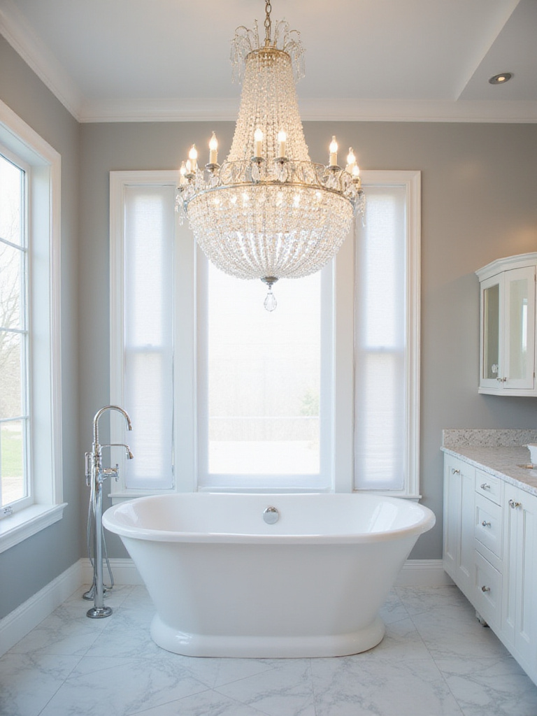 Modern bathroom with a statement chandelier above a freestanding tub.