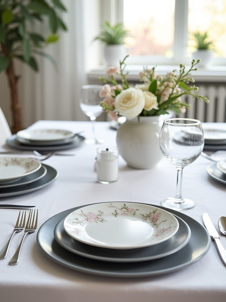 Elegant dining table setting with layered tableware, including chargers, dinner plates, and salad plates, creating a sophisticated and inviting atmosphere.
