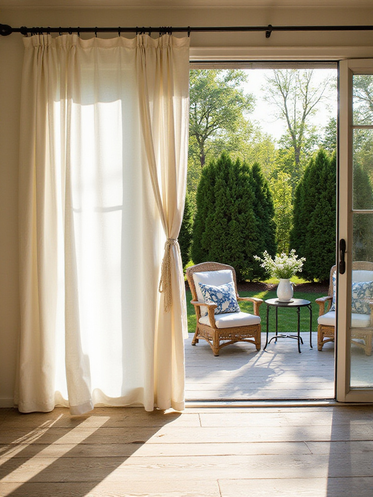 Decking area with white outdoor curtains providing privacy and shade.