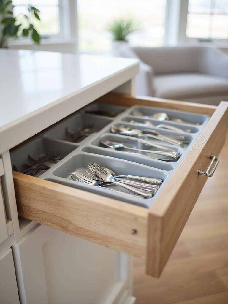 Shallow kitchen island drawer with cutlery neatly organized using drawer dividers.