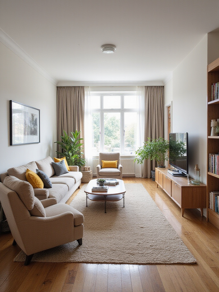Long narrow living room layout with distinct zones defined by rugs and furniture arrangement.