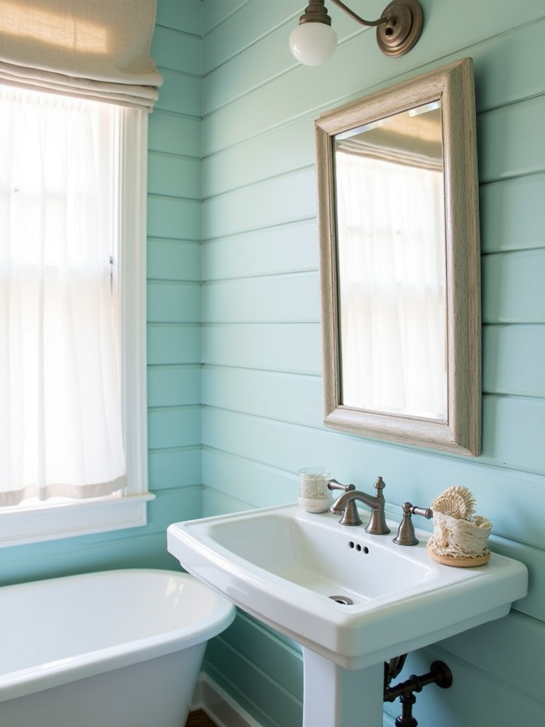 Coastal bathroom with blue shiplap accent wall