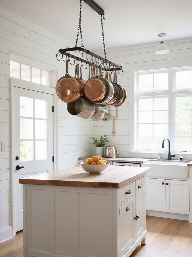 Farmhouse kitchen with wrought iron pot rack displaying copper and stainless steel cookware