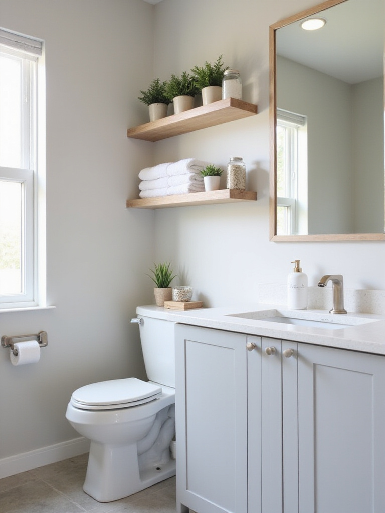 Modern bathroom with light wood open shelving displaying towels, plants, and decorative jars.