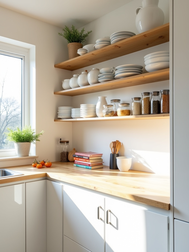 Contemporary kitchen with open shelving displaying curated kitchenware.