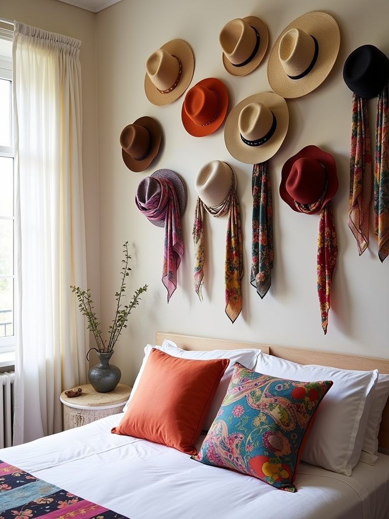Bedroom wall decor featuring vintage hats and silk scarves arranged as a gallery wall.