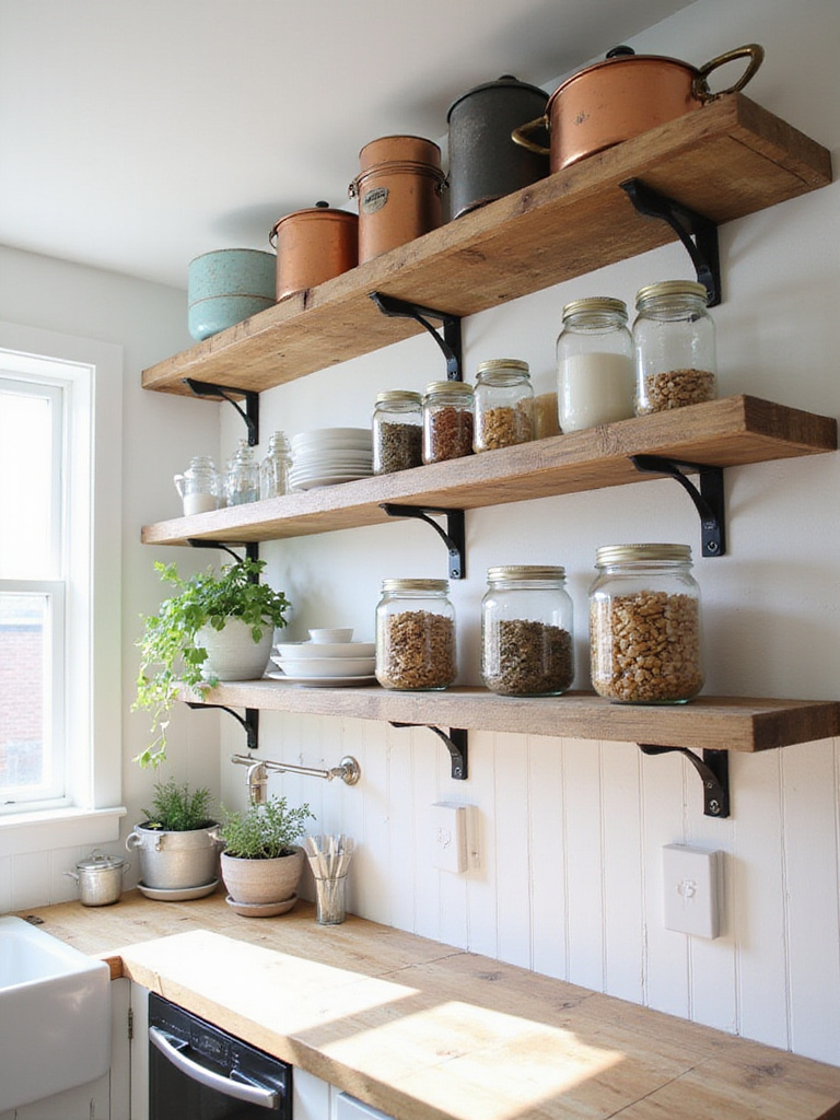 Farmhouse kitchen with open shelving displaying vintage dishware and rustic decor