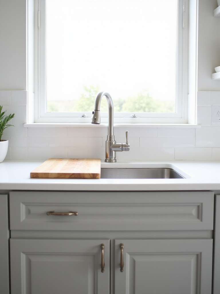 Small kitchen with a stainless steel single bowl sink and white quartz countertop.