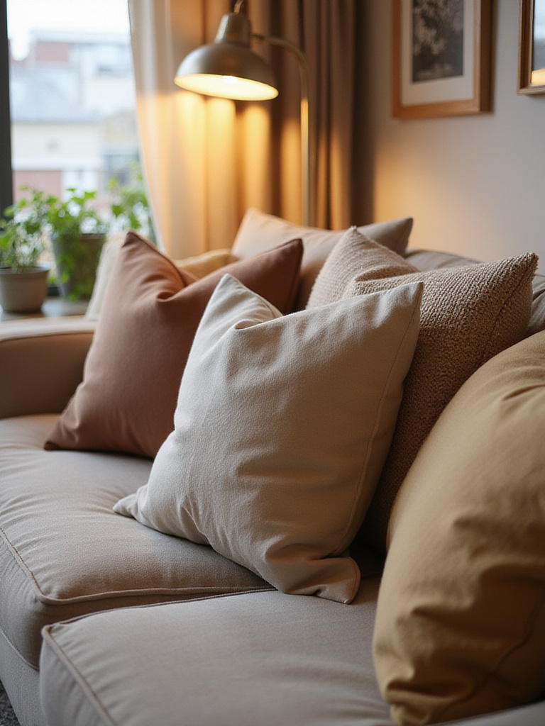 Cozy living room sofa with an assortment of plump and inviting throw pillows in various textures and colors.