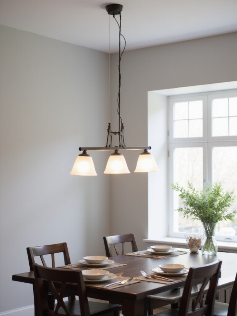Dining area featuring a rectangular table with a proportionally sized linear pendant light hanging above it.