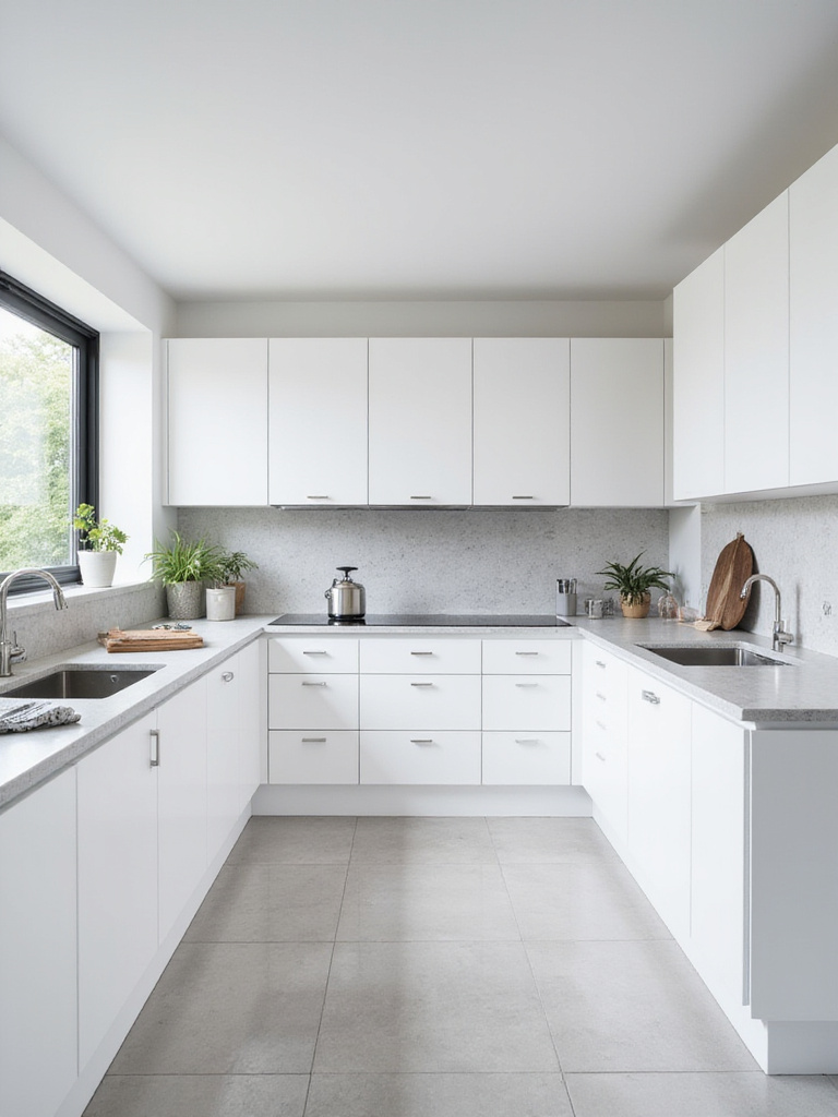 Modern kitchen with sleek white slab cabinet doors and light gray quartz countertops