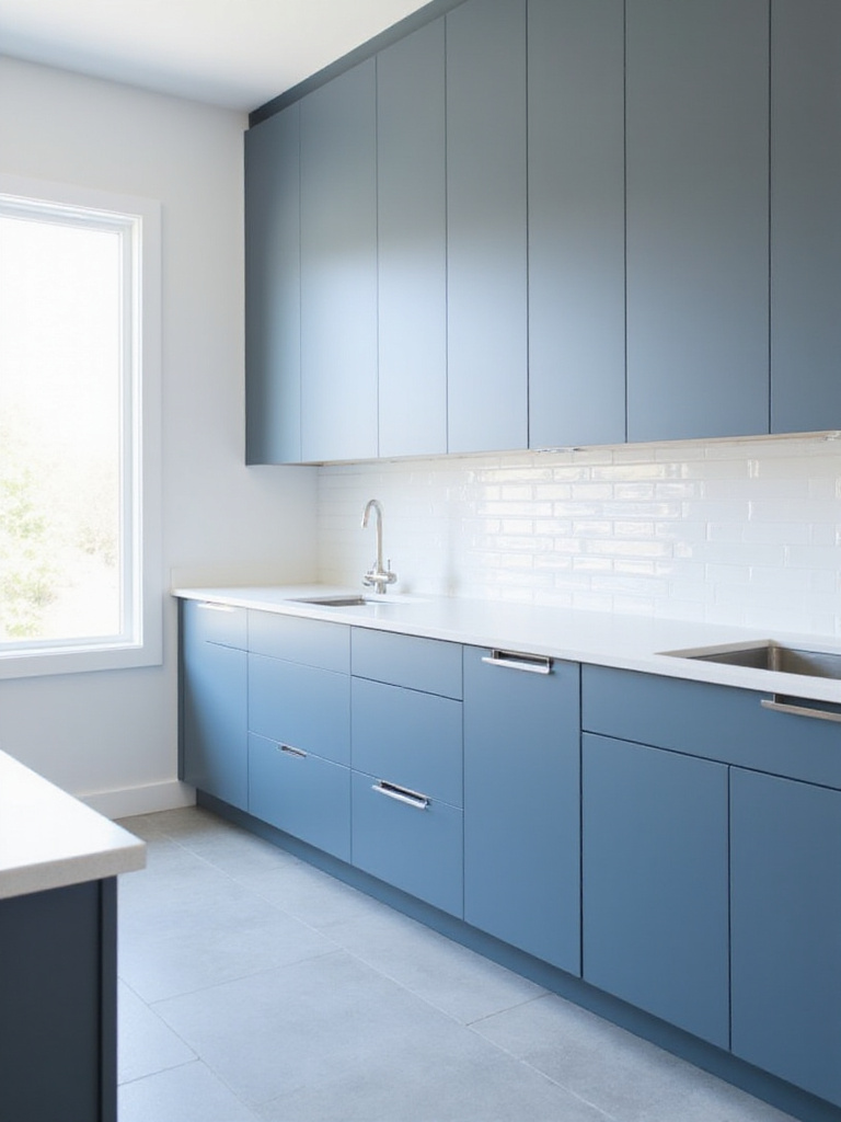 Modern minimalist kitchen with sleek blue flat-panel cabinets.